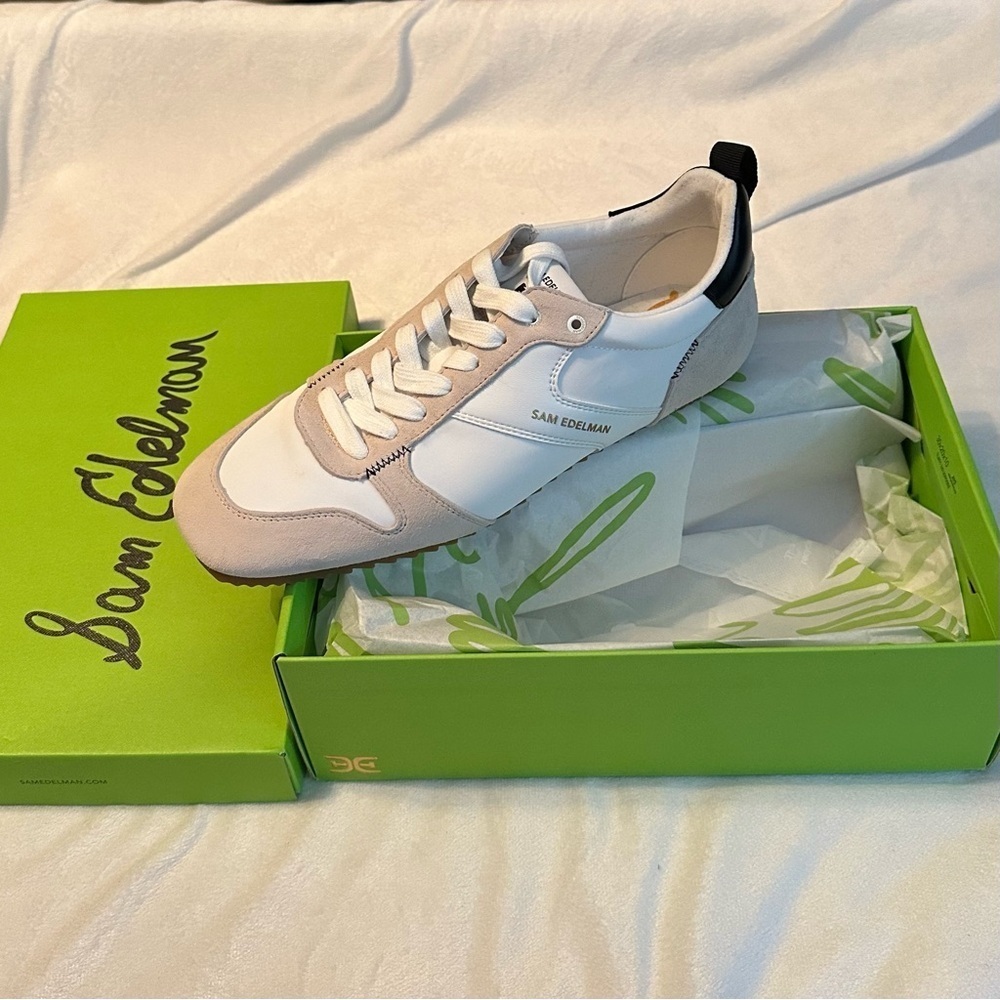 Sam Edelman Zaria Sneakers Women’s 9.5 White Black Suede NIB tan shoes NEW - Picture 5 of 6